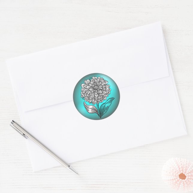 Sticker Rond Aqua et Fleur Turquoise (Enveloppe)
