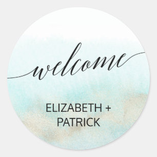 Sticker Rond Aqua et Gold Watercolor Beach Mariage Bienvenue