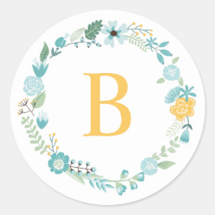 Sticker Rond Aqua et Yellow Monogramme Floral Wreath