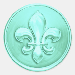 Sticker Rond Aqua Fleur de Lis Enveloppe Sceau Embossé Look