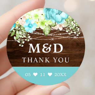 Sticker Rond Aqua Floral Lights Rustic Merci Mariage