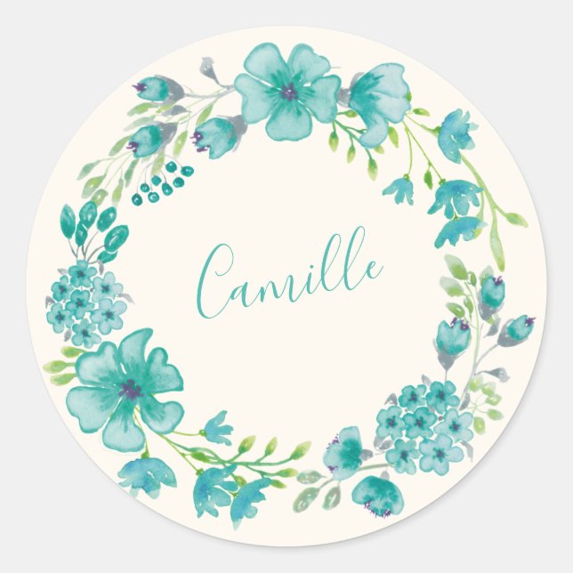 Sticker Rond Aqua Green Floral Wreath Nom personnalisé Spring (Devant)