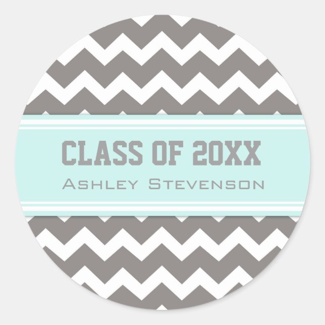 Sticker Rond Aqua Grey Chevrons Graduation Nom personnalisé (Devant)