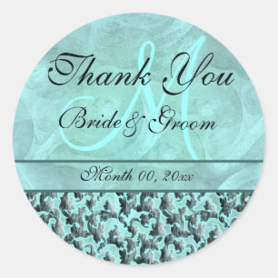 Sticker Rond Aqua gris "merci" mariage damask