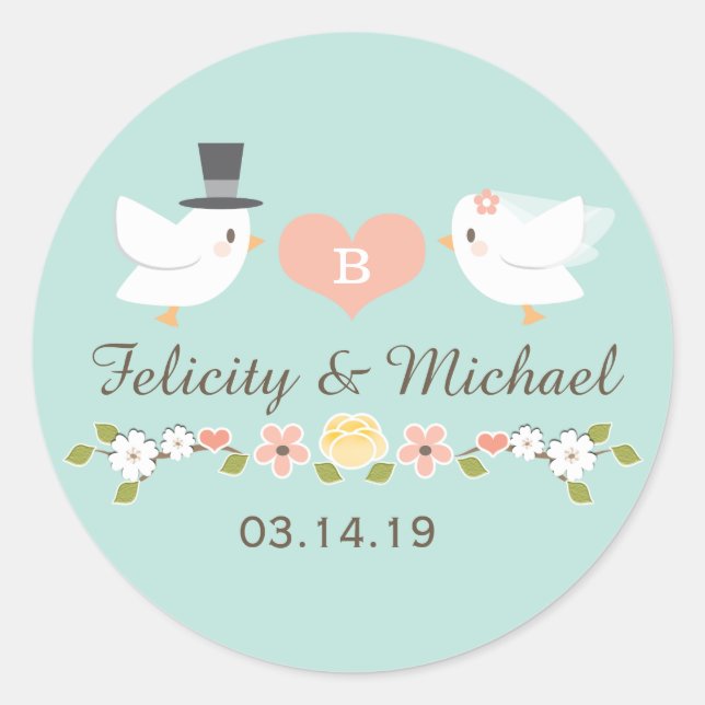 STICKER ROND AQUA MONOGRAMMED DOVE INSÉPARABLES MARIAGE (Devant)