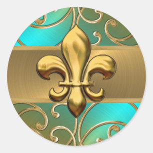 Sticker Rond Aqua Orange et Gold Filigree Fleur de Lis