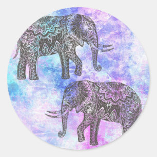 Sticker Rond Aqua rose Black Elephant Bright Tribal