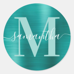 Sticker Rond Aqua sarcelle moderne signature monogramme feuille