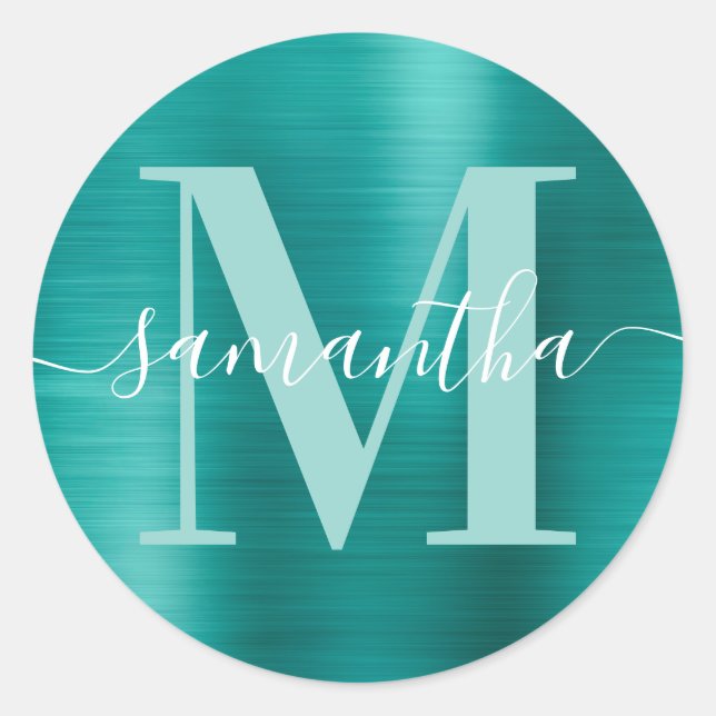 Sticker Rond Aqua sarcelle moderne signature monogramme feuille (Devant)