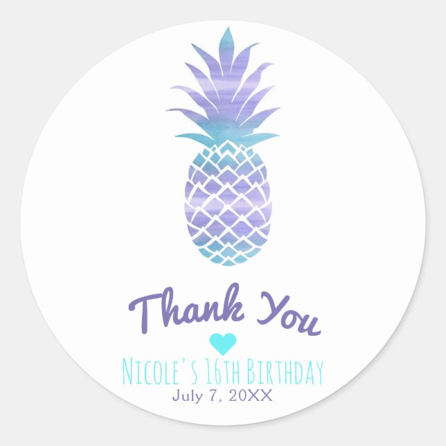 Sticker Rond Aqua Sarcelle & Violet Ananas Chic Tropical Party (Devant)