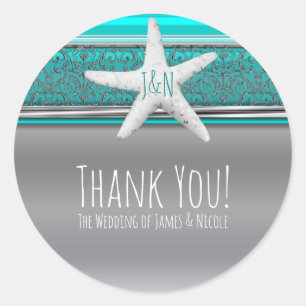 Sticker Rond Aqua & Silver Starfish Elégante Plage Mariage Fave