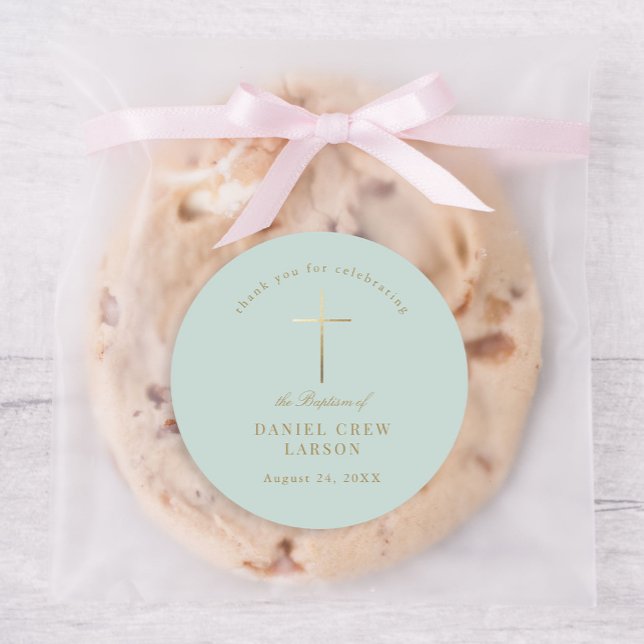 Sticker Rond Aqua Simple Elegant Gold Cross Baptism Christening (Créateur téléchargé)
