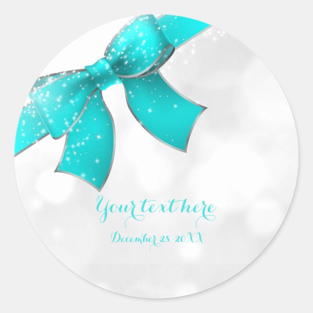Sticker Rond Aqua Turquoise Blue Bow & Sparkles Chic Party (Devant)