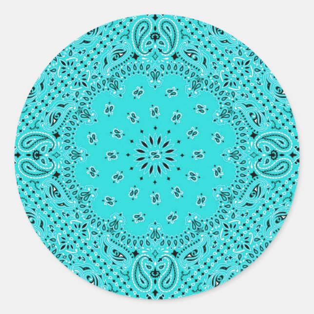 Sticker Rond Aqua Turquoise Paisley Western Bandana Scarf Impri (Devant)