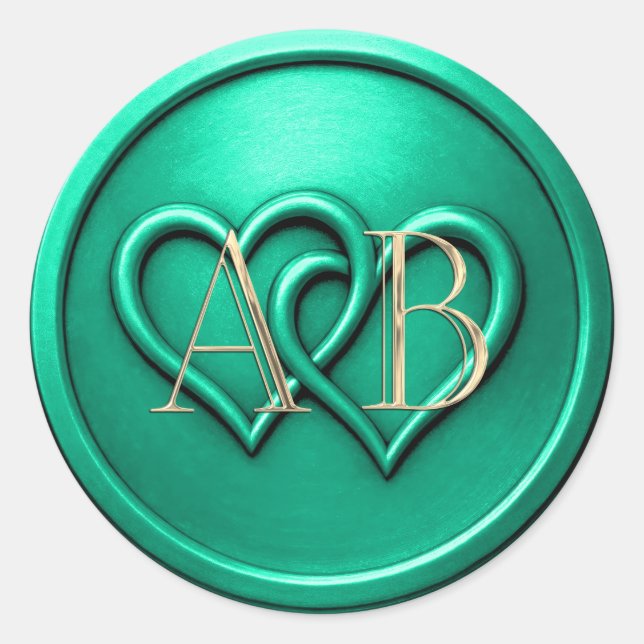 Sticker Rond Aqua Two Hearts Intertwined Monogram Wedding (Devant)