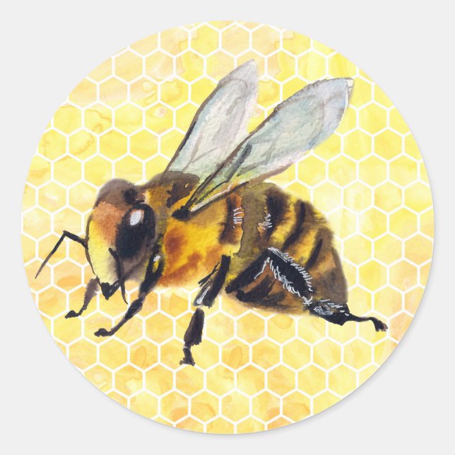 Sticker Rond Aquarelle Abeille sur les chevalets de nid d'abeil (Devant)
