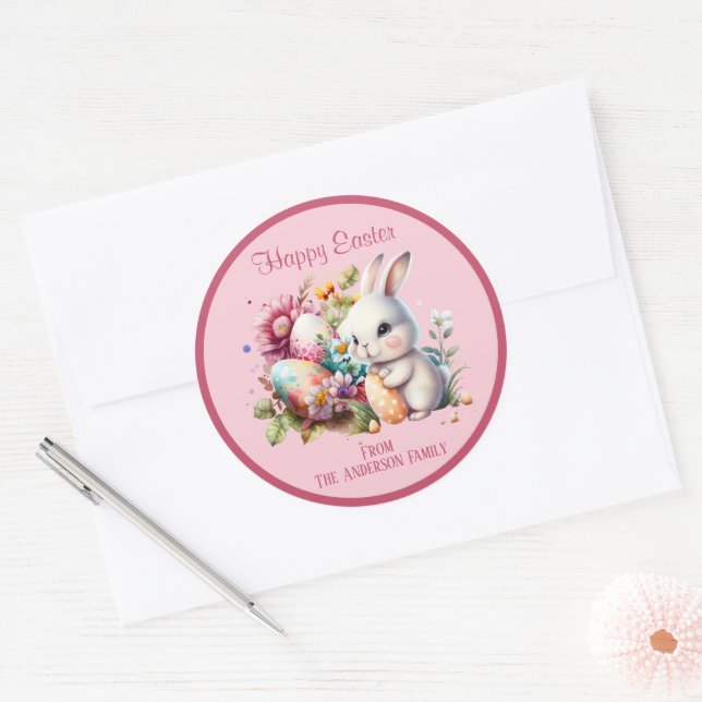 Sticker Rond Aquarelle adorable Lapin de Pâques rose (Enveloppe)