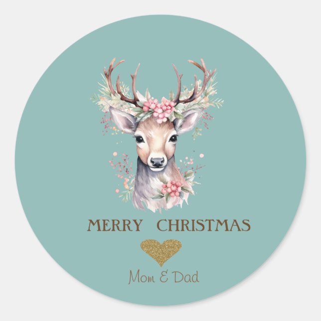Sticker Rond Aquarelle adorable renne Holly Berry, Coeur (Devant)