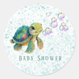Sticker Rond Aquarelle Adorable Tortue Baby shower
