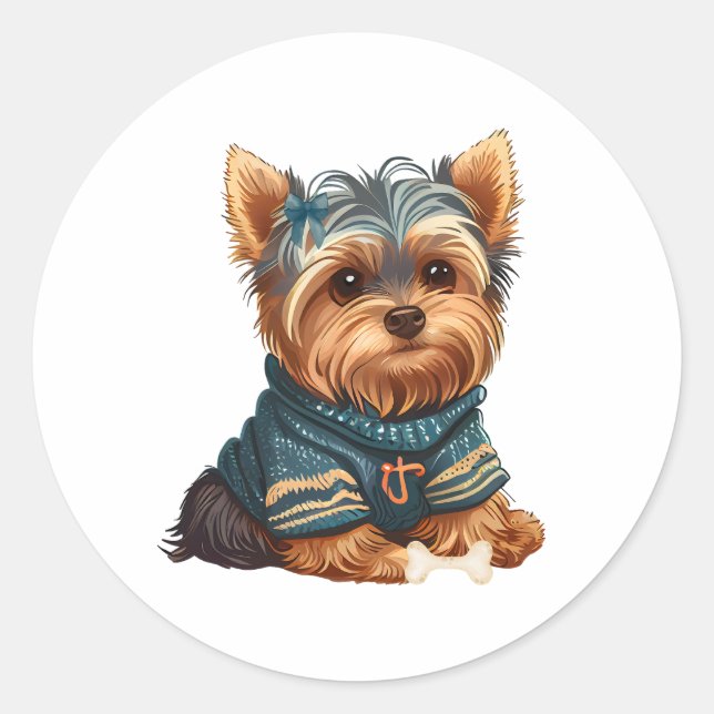 Sticker Rond Aquarelle adorable Yorkshire Terrier Chiot (Devant)