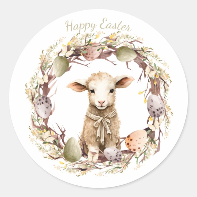 Sticker Rond Aquarelle Agneau de Pâques Personnalisé (Devant)