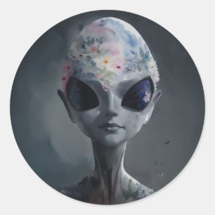 Sticker Rond Aquarelle Alien grise