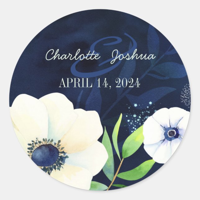 Sticker Rond Aquarelle Anemone Mariage bleu marine (Devant)