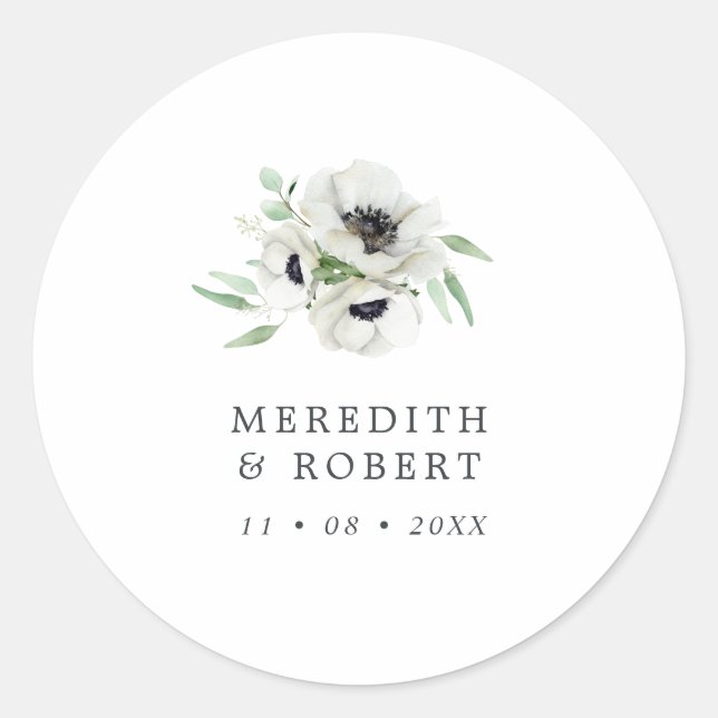 Sticker Rond Aquarelle Anémones Noir & Blanc Mariage d'hiver (Devant)