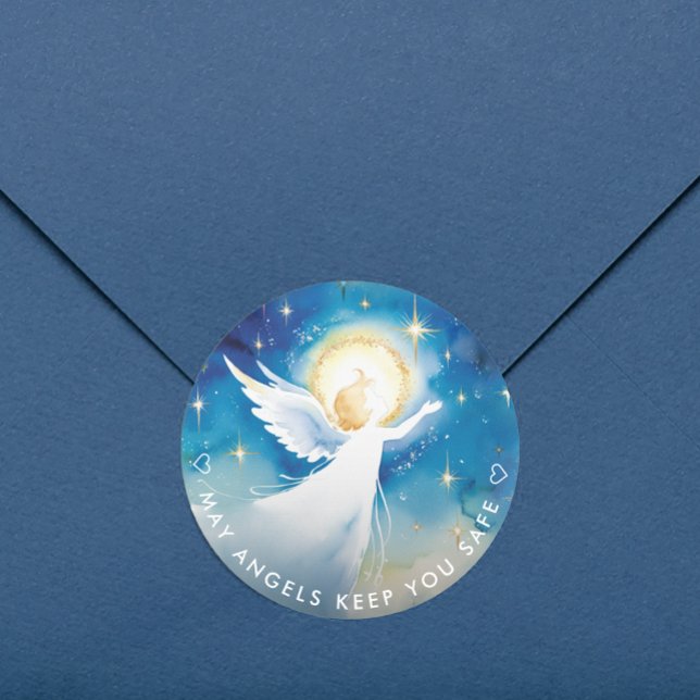 Sticker Rond Aquarelle Angel Gardien Bleu Et Blanc (Créateur téléchargé)