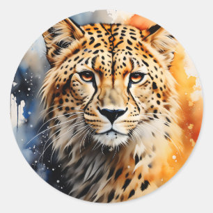Sticker Rond Aquarelle animale Cheetah Portrait