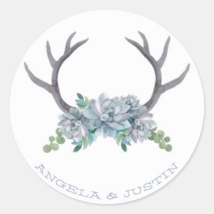 Sticker Rond Aquarelle Antlers et Mariage campagnard Echeveria