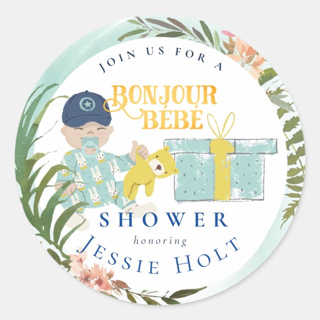 Sticker Rond Aquarelle Aqua Bonjour Garçon BabyClassic Round (Devant)