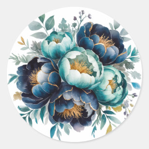 Sticker Rond Aquarelle Aqua Navy Blue Peony Floral Mariage