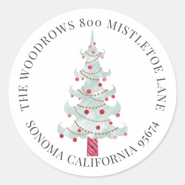 Sticker Rond Aquarelle Arbre de Noël Adresse de retour (Devant)