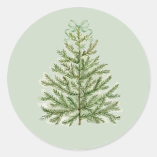Sticker Rond Aquarelle Arbre de Noël avec Bois Vert