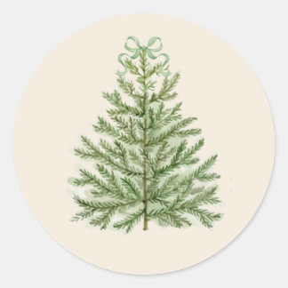 Sticker Rond Aquarelle Arbre de Noël avec Bois Vert