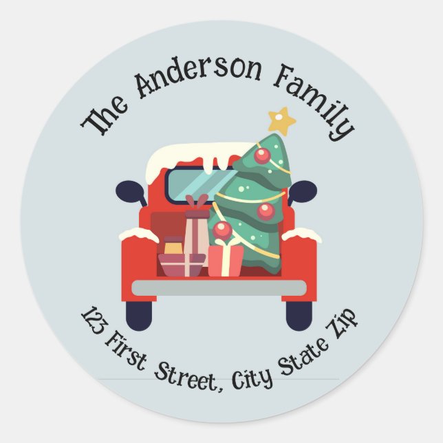 Sticker Rond Aquarelle Arbre de Noël Camion Amusants Graphisme  (Devant)