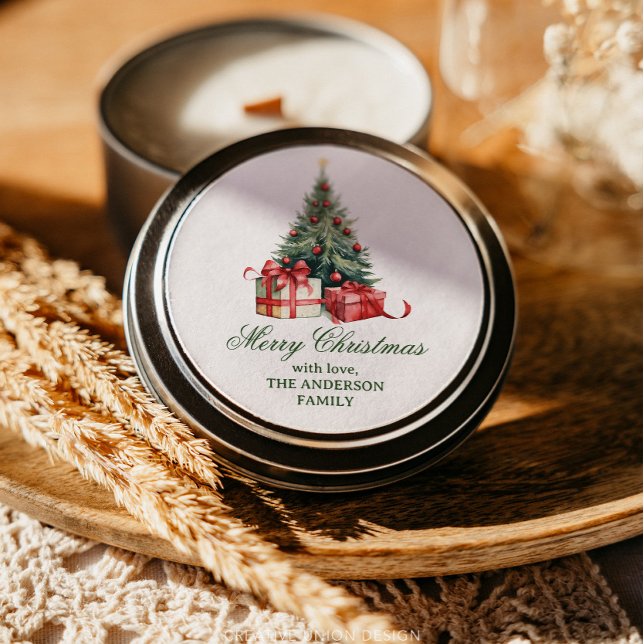 Sticker Rond Aquarelle Arbre de Noël Élégant Script (Créateur téléchargé)