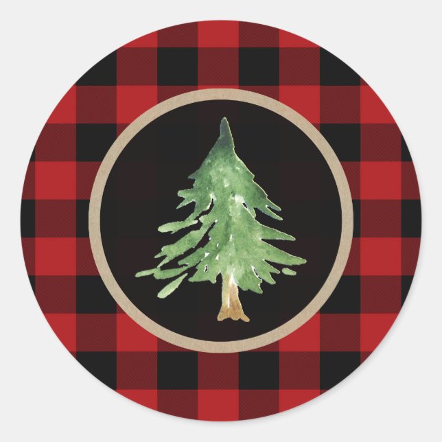 Sticker Rond Aquarelle Arbre de Noël Hiver Buffle rouge Plaid (Devant)