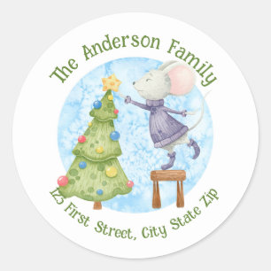 Sticker Rond Aquarelle Arbre de Noël mignonne souris souris art