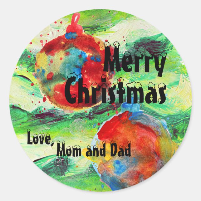 Sticker Rond Aquarelle Arbre de Noël & Ornements Personnalisé (Devant)