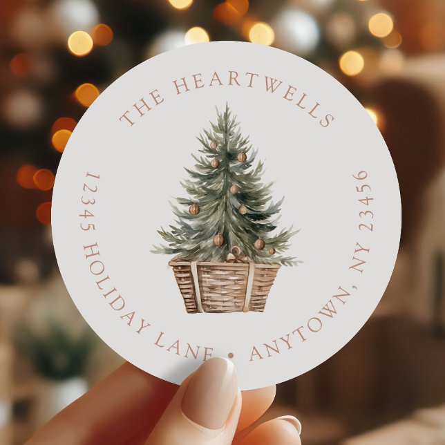 Sticker Rond Aquarelle Arbre de Noël Panier de retour Adresse (Créateur téléchargé)