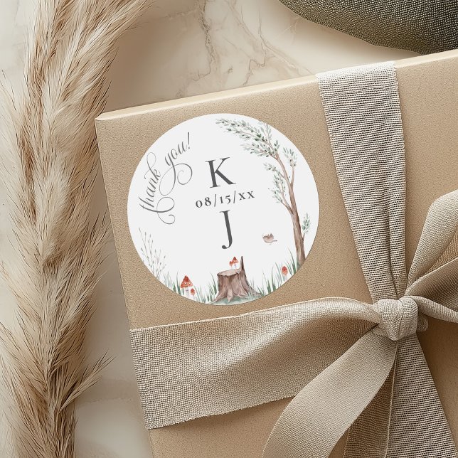 Sticker Rond Aquarelle Arbre Whimsical Merci Mariage Favoriser (Watercolor whimsical trees forest mushroom botanical wedding monogram thank you favor gift sticker)
