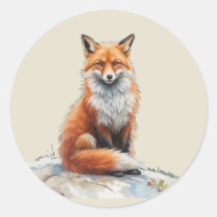 Sticker Rond Aquarelle Art Animal Sauvage Renard Rouge