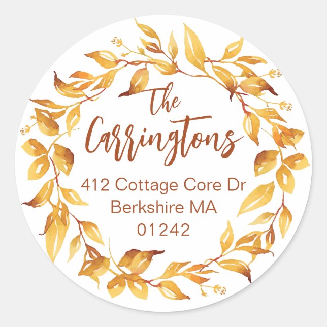 Sticker Rond Aquarelle Automne Feuille Wreath Adresse de retour (Devant)