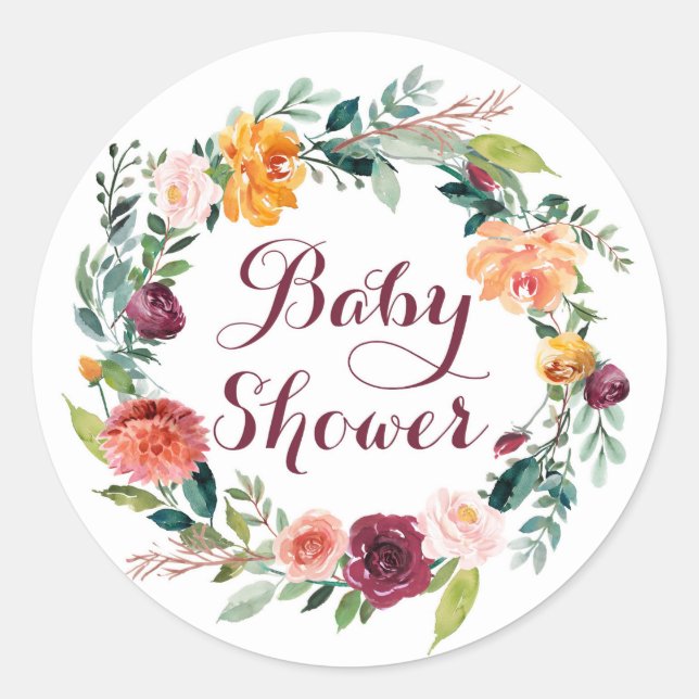 Sticker Rond Aquarelle Automne Floral Baby shower de couronne (Devant)