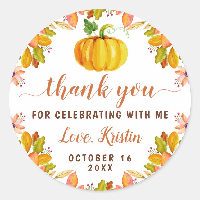 Sticker Rond Aquarelle Automne Floral Citrouille Automne Merci  (Devant)