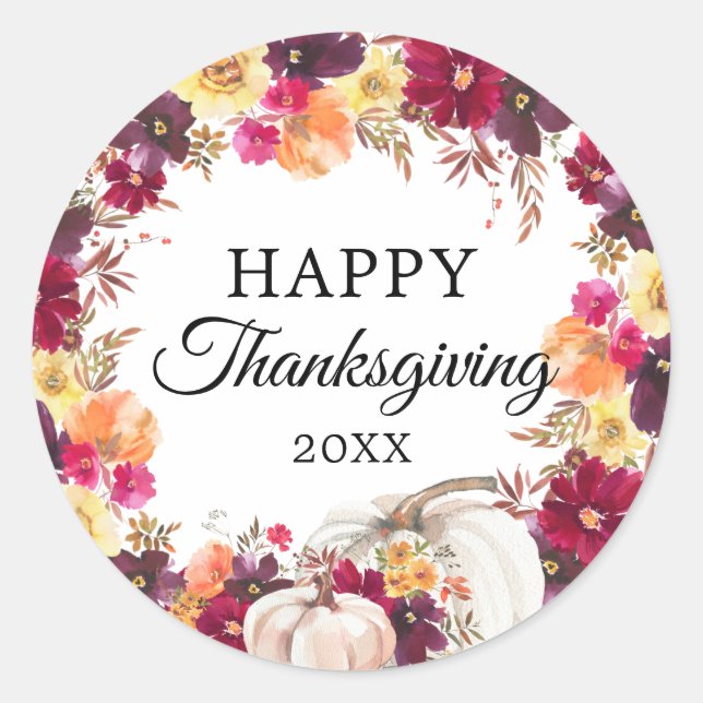 Sticker Rond Aquarelle Automne Floral Citrouille Thanksgiving (Devant)