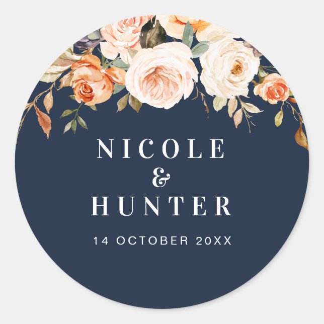 Sticker Rond Aquarelle automne floral mariage bleu marine (Devant)