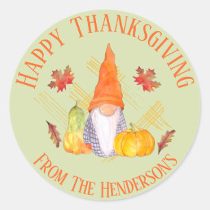 Sticker Rond Aquarelle Automne Gnomes, Citrouille Et Feuille 2